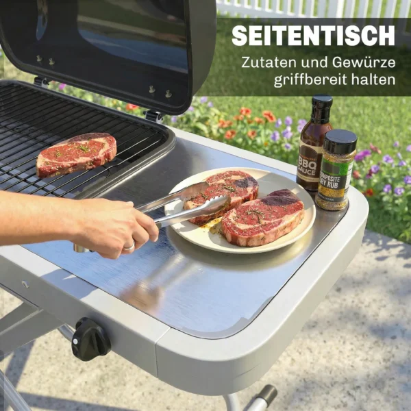 Draagbare Gasgrill 1 Brander 2,5kW Grillwagen Met Opvouwbare Rolwagen Grillrooster Zijtafel Deksel Thermometer