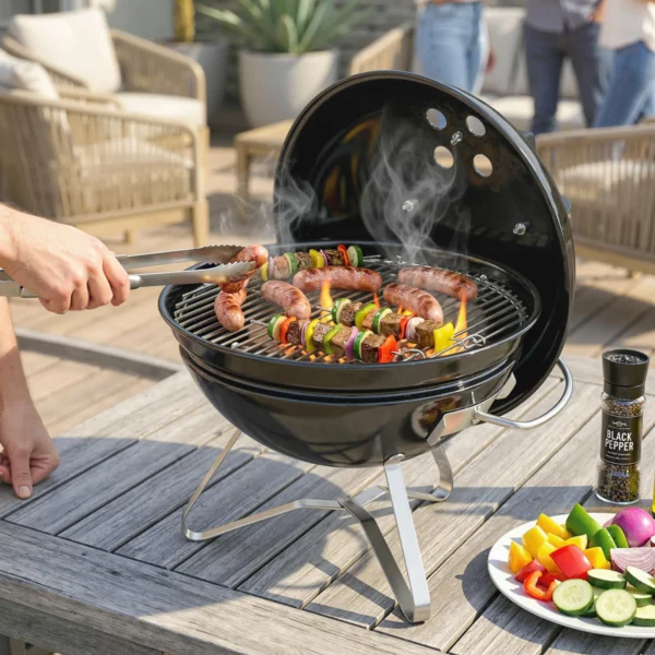 Draagbare Houtskoolgrill Kogelgrill Met Deksel, Handvat, Verstelbare Ventilatieopeningen Voor Barbecue 41x41x44 Cm Zwart