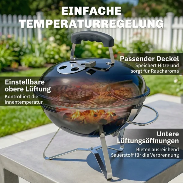 Draagbare Houtskoolgrill Kogelgrill Met Deksel, Handvat, Verstelbare Ventilatieopeningen Voor Barbecue 41x41x44 Cm Zwart