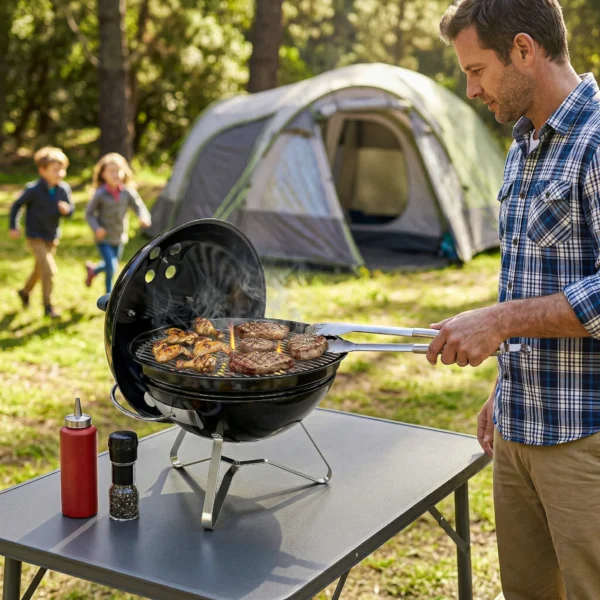 Draagbare Houtskoolgrill Kogelgrill Met Deksel, Handvat, Verstelbare Ventilatieopeningen Voor Barbecue 41x41x44 Cm Zwart