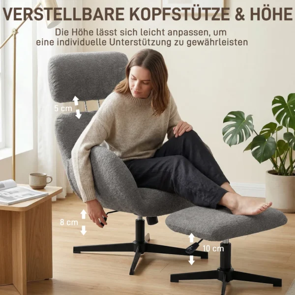 Draaibare Stoel Met Voetenbank, In Hoogte Verstelbare Accentstoel Met Verstelbare Hoofdsteun, Schommelfunctie, Grijs
