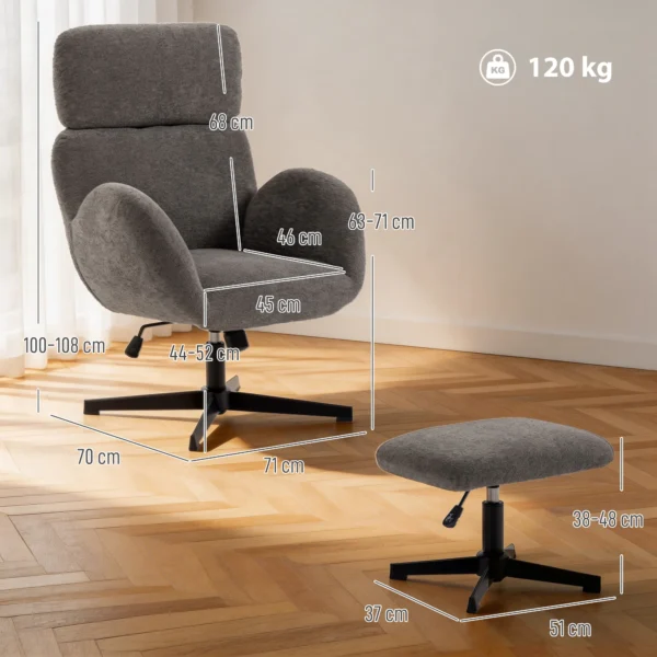 Draaibare Stoel Met Voetenbank, In Hoogte Verstelbare Accentstoel Met Verstelbare Hoofdsteun, Schommelfunctie, Grijs