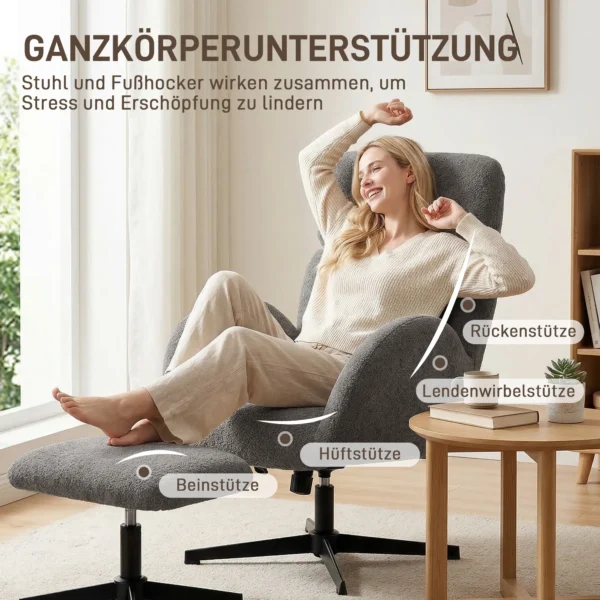 Draaibare Stoel Met Voetenbank, In Hoogte Verstelbare Accentstoel Met Verstelbare Hoofdsteun, Schommelfunctie, Grijs