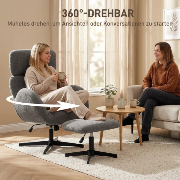 Draaibare Stoel Met Voetenbank, In Hoogte Verstelbare Accentstoel Met Verstelbare Hoofdsteun, Schommelfunctie, Grijs
