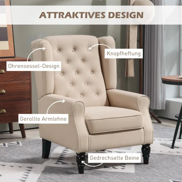 Elegante Oorfauteuil, Dik Gestoffeerd, Afneembare Hoes, 74 X 87 X 102 Cm, Beige