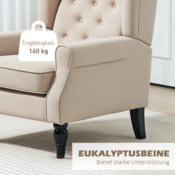 Elegante Oorfauteuil, Dik Gestoffeerd, Afneembare Hoes, 74 X 87 X 102 Cm, Beige