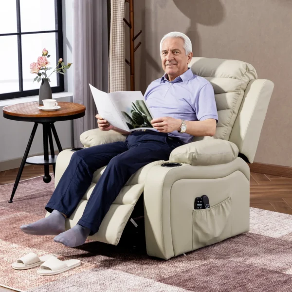 Elektrische Relaxstoel Met Opsta hulp, Massage, Verwarming, USB aansluitingen, PU, Crème