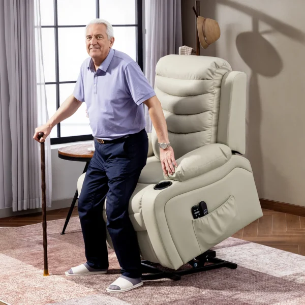 Elektrische Relaxstoel Met Opsta hulp, Massage, Verwarming, USB aansluitingen, PU, Crème
