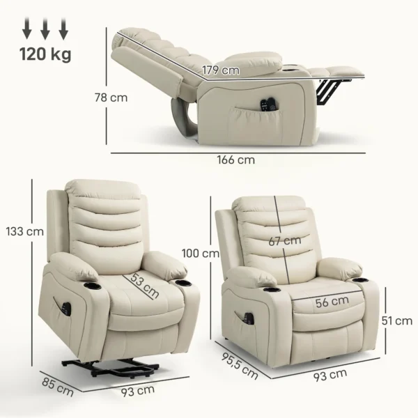 Elektrische Relaxstoel Met Opsta hulp, Massage, Verwarming, USB aansluitingen, PU, Crème