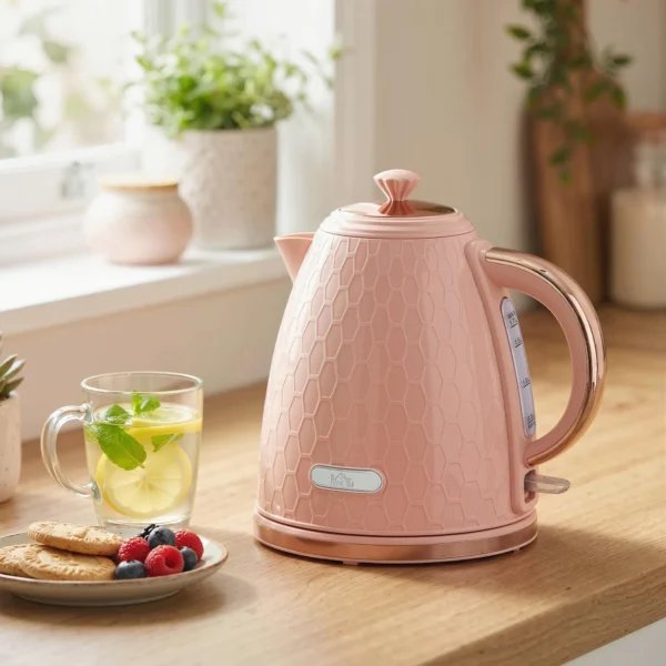 Elektrische Waterkoker, 1,7L, Snelkookfunctie, 2,2kW, Draadloos Met Uitneembaar Anti Kalk Filter, Lichtroze