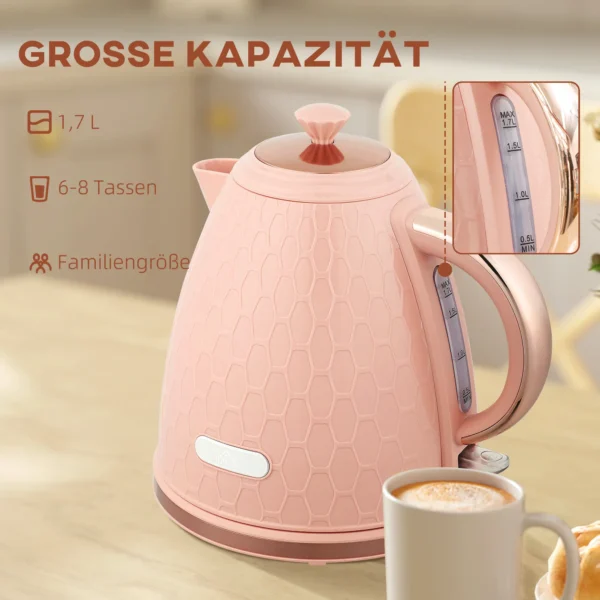 Elektrische Waterkoker, 1,7L, Snelkookfunctie, 2,2kW, Draadloos Met Uitneembaar Anti Kalk Filter, Lichtroze