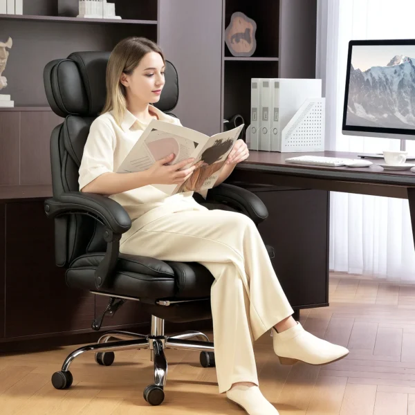 Ergonomische Bureaustoel Verstelbare Hoogte Draaistoel Met Lendensteun, Armleuning, Voetensteun, PU Leer, Zwart