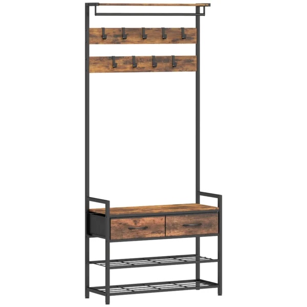 Garderobestandaard Met Kledinghaken, Schoenenbank, Industriële Entree organizer, Stalen Frame, Rustiek Bruin