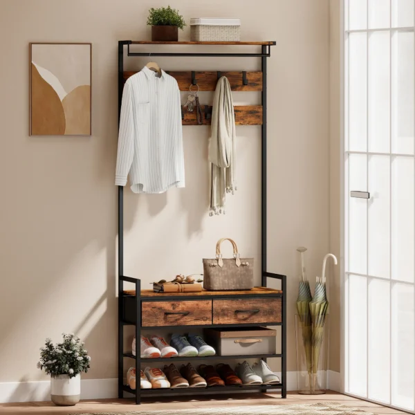 Garderobestandaard Met Kledinghaken, Schoenenbank, Industriële Entree organizer, Stalen Frame, Rustiek Bruin
