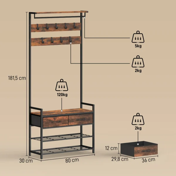 Garderobestandaard Met Kledinghaken, Schoenenbank, Industriële Entree organizer, Stalen Frame, Rustiek Bruin
