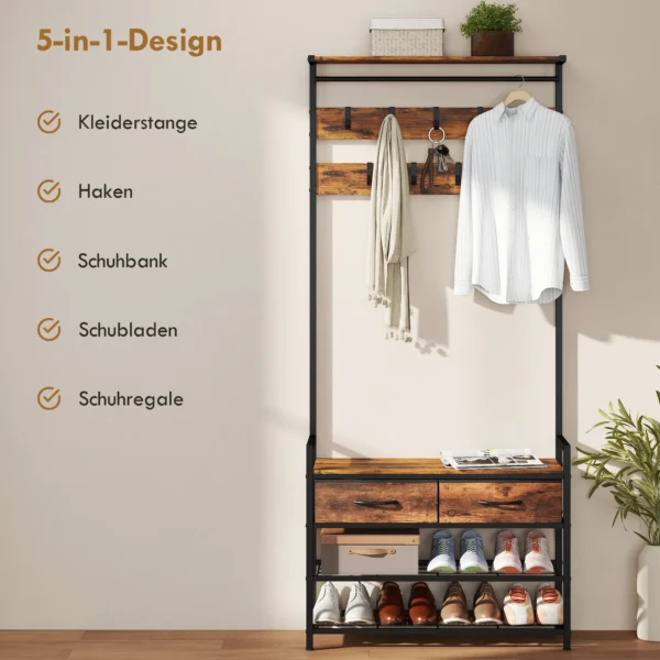 Garderobestandaard Met Kledinghaken, Schoenenbank, Industriële Entree organizer, Stalen Frame, Rustiek Bruin