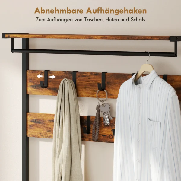 Garderobestandaard Met Kledinghaken, Schoenenbank, Industriële Entree organizer, Stalen Frame, Rustiek Bruin