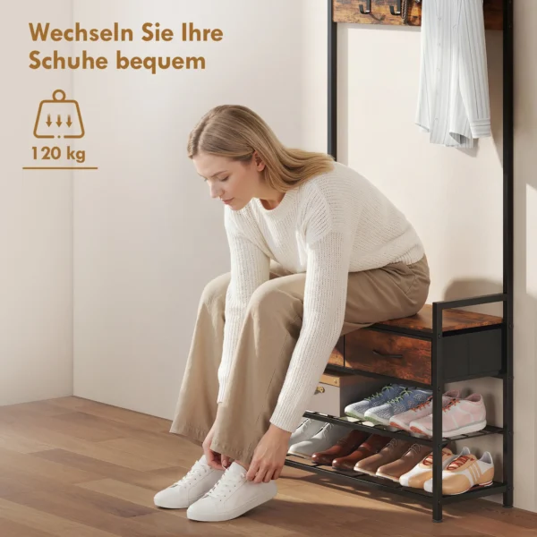 Garderobestandaard Met Kledinghaken, Schoenenbank, Industriële Entree organizer, Stalen Frame, Rustiek Bruin