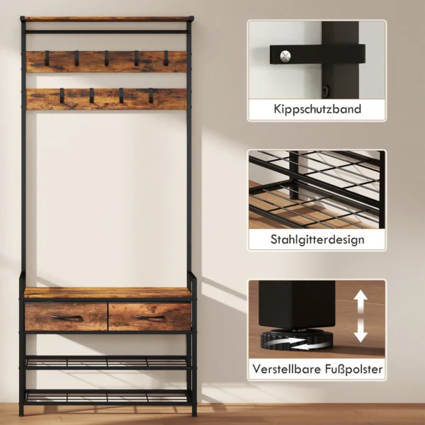 Garderobestandaard Met Kledinghaken, Schoenenbank, Industriële Entree organizer, Stalen Frame, Rustiek Bruin