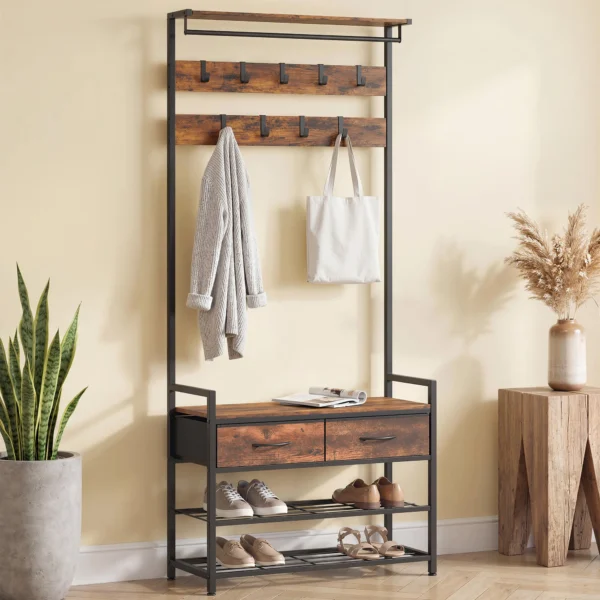 Garderobestandaard Met Kledinghaken, Schoenenbank, Industriële Entree organizer, Stalen Frame, Rustiek Bruin