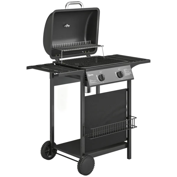 Gasgrill 5 KW 2 Branders BBQ Grillwagen Roestvrij Staal Incl. Zijtafel Ondermand Frontafdekking Thermometer Emaille Grillrooster