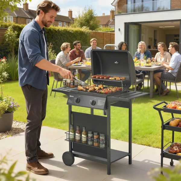 Gasgrill 5 KW 2 Branders BBQ Grillwagen Roestvrij Staal Incl. Zijtafel Ondermand Frontafdekking Thermometer Emaille Grillrooster