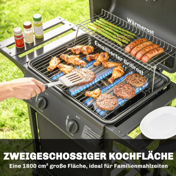 Gasgrill 5 KW 2 Branders BBQ Grillwagen Roestvrij Staal Incl. Zijtafel Ondermand Frontafdekking Thermometer Emaille Grillrooster