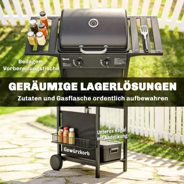 Gasgrill 5 KW 2 Branders BBQ Grillwagen Roestvrij Staal Incl. Zijtafel Ondermand Frontafdekking Thermometer Emaille Grillrooster
