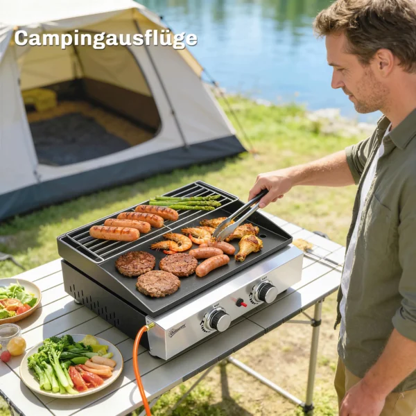 Gasgrill 5 KW Draagbare Tafelgrill Met 2 Branders Keramische Lakcoating Grillrooster Warmhoudrooster