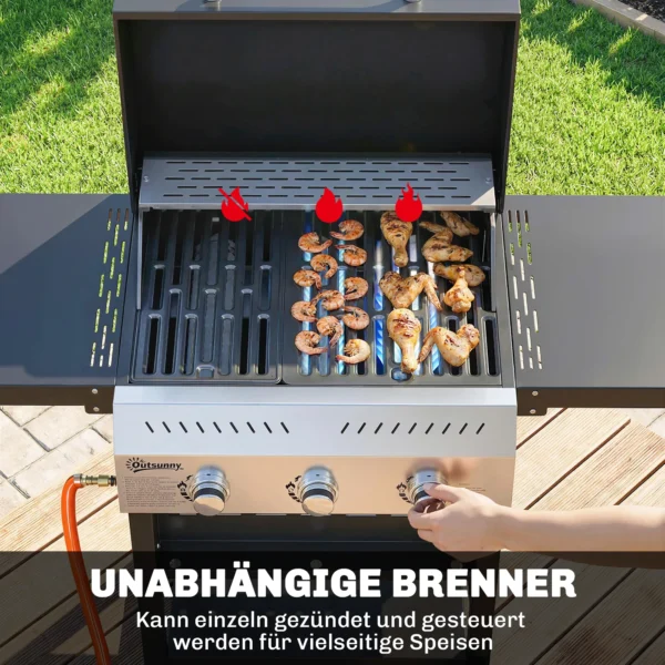 Gasgrill 9 KW 3 Branders BBQ Grillwagen Roestvrij Staal Incl. Inklapbare Zijtafel Kruidenhouder Onderplank 6 Haken