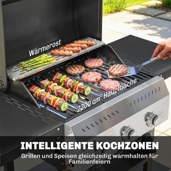 Gasgrill 9 KW 3 Branders BBQ Grillwagen Roestvrij Staal Incl. Inklapbare Zijtafel Kruidenhouder Onderplank 6 Haken