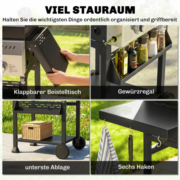Gasgrill 9 KW 3 Branders BBQ Grillwagen Roestvrij Staal Incl. Inklapbare Zijtafel Kruidenhouder Onderplank 6 Haken