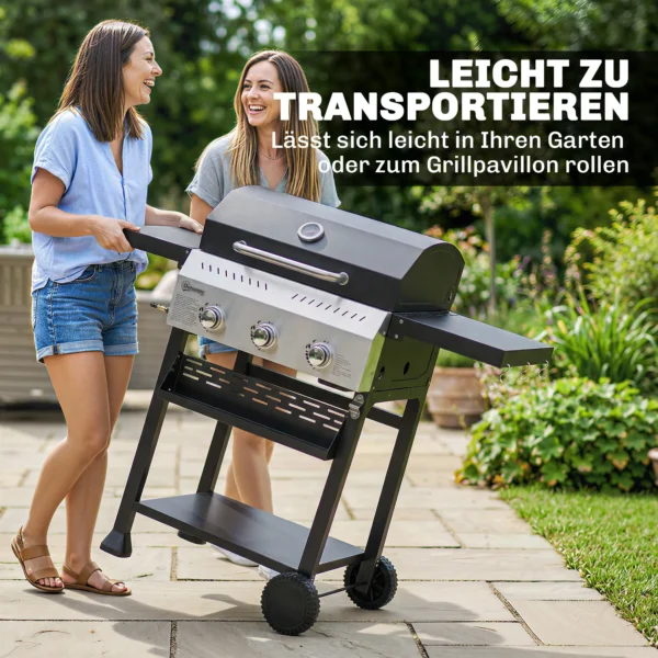 Gasgrill 9 KW 3 Branders BBQ Grillwagen Roestvrij Staal Incl. Inklapbare Zijtafel Kruidenhouder Onderplank 6 Haken