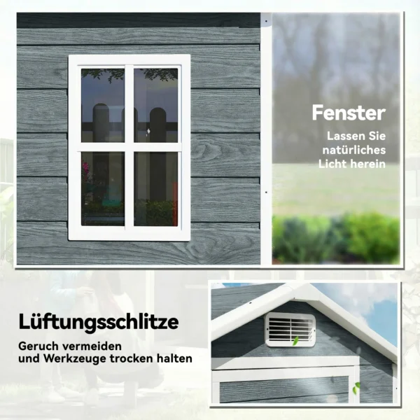 Gereedschapshuis 1,1 M² Gereedschapsschuur Met Houtlook Venster Zadeldak Ventilatie Bodem Slot Handschoenen Grijs