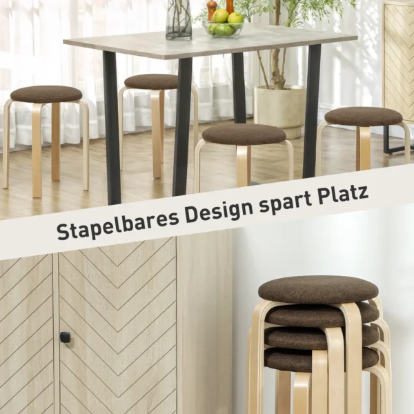 Gestoffeerde Krukken In Set Van 4, Stapelbaar, Gelakte Oppervlakte, Houten Poten, Bruin