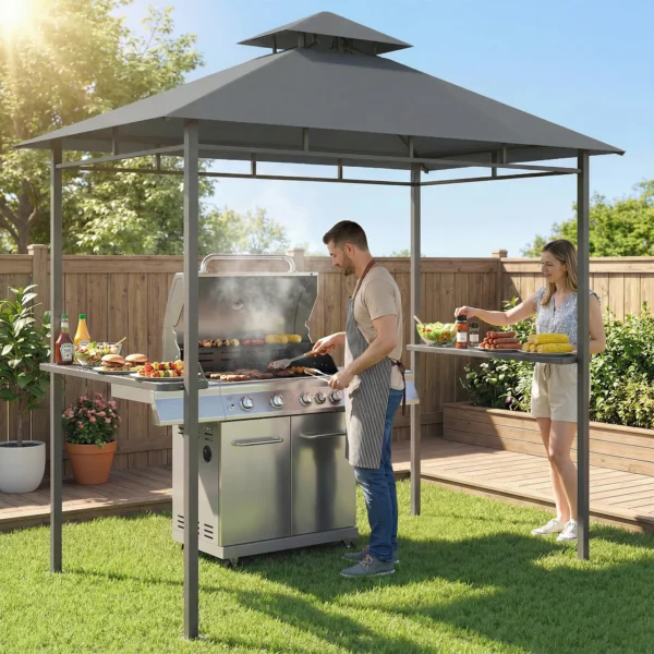 Grillpaviljoen 2,4 X 1,4 M, Windbestendige Grill Overkapping Met Dubbel Dak Ventilatieopening Zijplanken