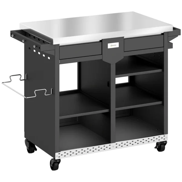 Grillwagen 5 laags Grilltafel Met Verstelbare Roestvrijstalen Werkoppervlak, Planken, Lade, Wielen, Kruidenhouder, Vuilnisstandaard