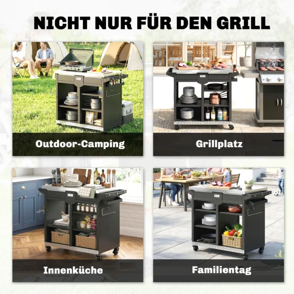 Grillwagen 5 laags Grilltafel Met Verstelbare Roestvrijstalen Werkoppervlak, Planken, Lade, Wielen, Kruidenhouder, Vuilnisstandaard