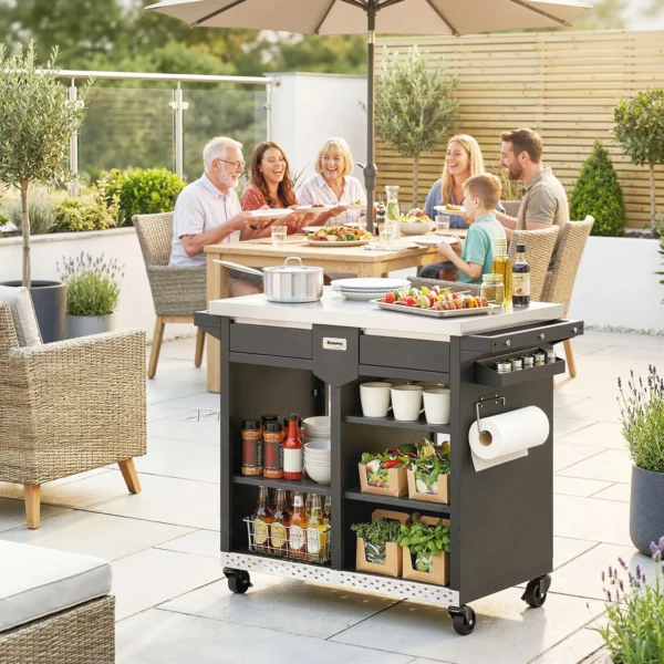 Grillwagen 5 laags Grilltafel Met Verstelbare Roestvrijstalen Werkoppervlak, Planken, Lade, Wielen, Kruidenhouder, Vuilnisstandaard