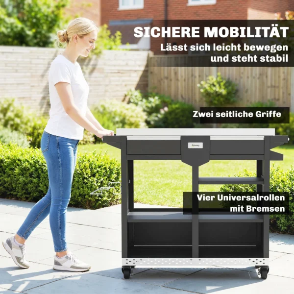 Grillwagen 5 laags Grilltafel Met Verstelbare Roestvrijstalen Werkoppervlak, Planken, Lade, Wielen, Kruidenhouder, Vuilnisstandaard