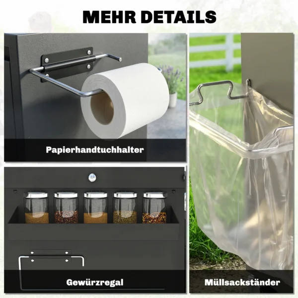 Grillwagen 5 laags Grilltafel Met Verstelbare Roestvrijstalen Werkoppervlak, Planken, Lade, Wielen, Kruidenhouder, Vuilnisstandaard