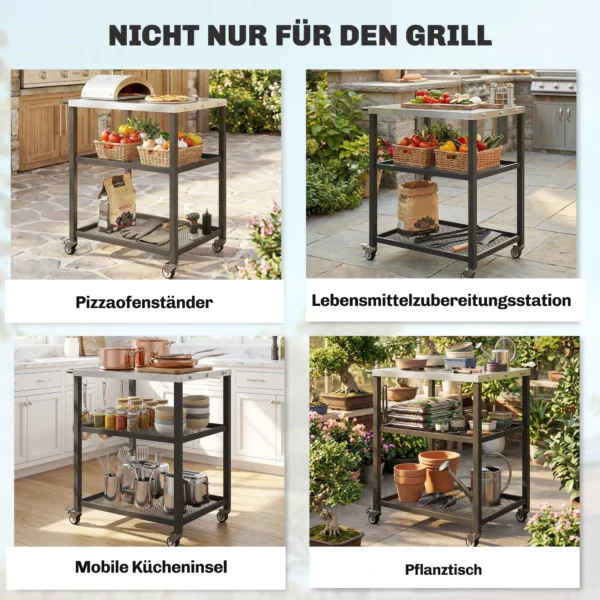 Grillwagen Met 3 Niveaus, Serveerwagen Met Verstelbare Werkruimte, Planken, Haken, Wielen 77 X 51 X 80 Cm Zwart