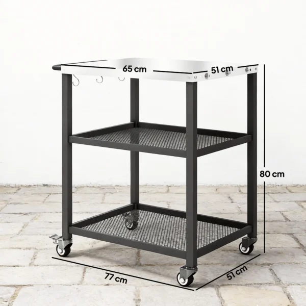 Grillwagen Met 3 Niveaus, Serveerwagen Met Verstelbare Werkruimte, Planken, Haken, Wielen 77 X 51 X 80 Cm Zwart