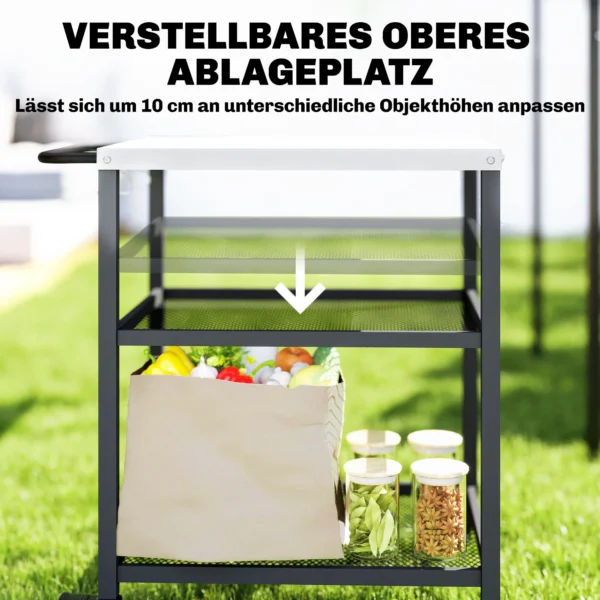 Grillwagen Met 3 Niveaus, Serveerwagen Met Verstelbare Werkruimte, Planken, Haken, Wielen 77 X 51 X 80 Cm Zwart