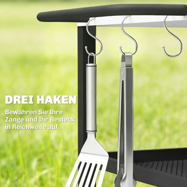 Grillwagen Met 3 Niveaus, Serveerwagen Met Verstelbare Werkruimte, Planken, Haken, Wielen 77 X 51 X 80 Cm Zwart