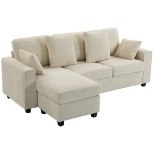 Hoekbank Met Omkeerbare Chaise Longue, 3 zits Bank Met Fluwelen Look, Brede En Diepe Zitruimte, Verenkussens, Beige