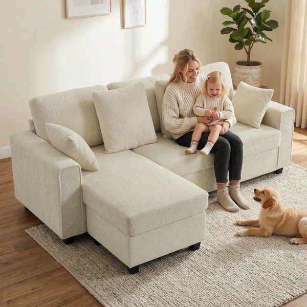 Hoekbank Met Omkeerbare Chaise Longue, 3 zits Bank Met Fluwelen Look, Brede En Diepe Zitruimte, Verenkussens, Beige