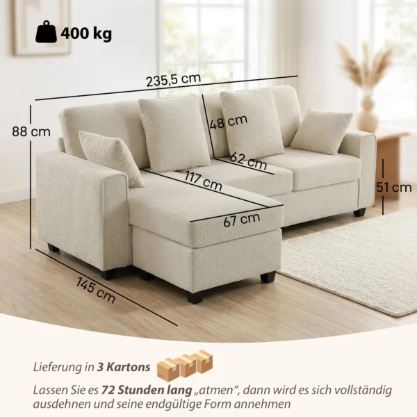 Hoekbank Met Omkeerbare Chaise Longue, 3 zits Bank Met Fluwelen Look, Brede En Diepe Zitruimte, Verenkussens, Beige