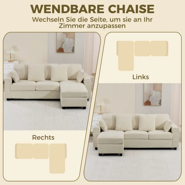 Hoekbank Met Omkeerbare Chaise Longue, 3 zits Bank Met Fluwelen Look, Brede En Diepe Zitruimte, Verenkussens, Beige