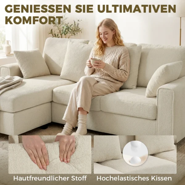 Hoekbank Met Omkeerbare Chaise Longue, 3 zits Bank Met Fluwelen Look, Brede En Diepe Zitruimte, Verenkussens, Beige